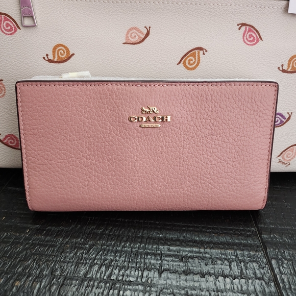 NWT Coach Pink Colorblock Signature Canvas Slim Zip Leather Wallet - Picture 1 of 9